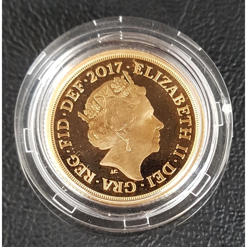 324 - 2017 QUEEN ELIZABETH II PROOF GOLD SOVEREIGN
twenty-two carat gold, 7.98 grams, in capsule and box