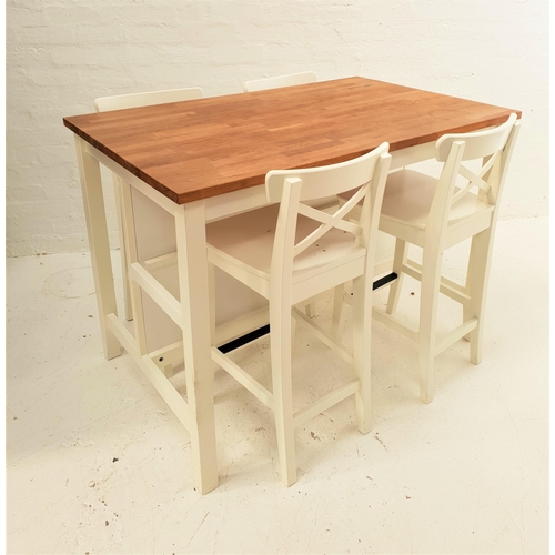 507 - OAK TOP FREE STANDING KITCHEN TABLE
with a scrub top on a white wood shaped supports, 90cm x 126cm, ... 