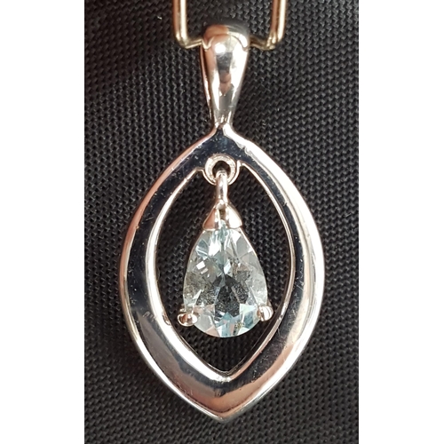 31 - AQUAMARINE SET PENDANT
with pear cut aquamarine suspended to the centre of the navette shaped nine c... 