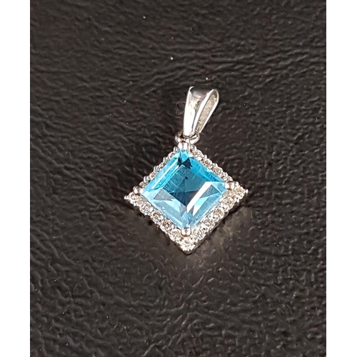 53 - BLUE TOPAZ AND DIAMOND CLUSTER PENDANT
the central square cut blue topaz in diamond surround totalin... 