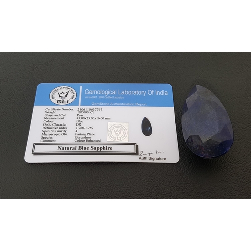 61 - CERTIFIED LOOSE NATURAL BLUE SAPPHIRE
the pear cut sapphire weighing 197cts, with Gemological Labora... 