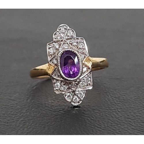 74 - ART DECO STYLE AMETHYST AND DIAMOND PLAQUE RING
the central oval cut amethyst in shaped surround set... 