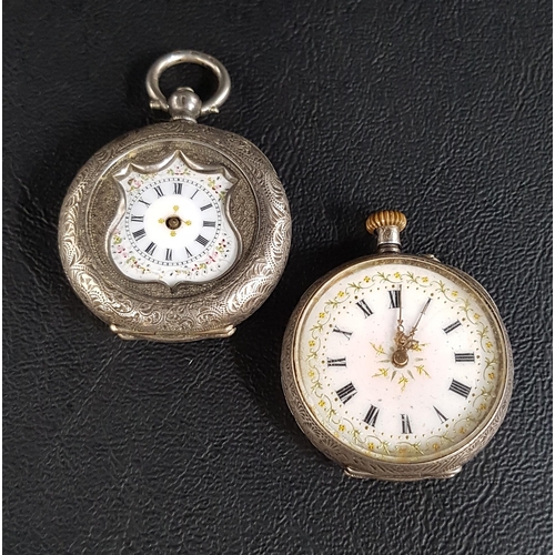 88 - TWO CONTINENTAL SILVER FOB WATCHES
one of unusual half hunter style with shield shaped shaped apertu... 