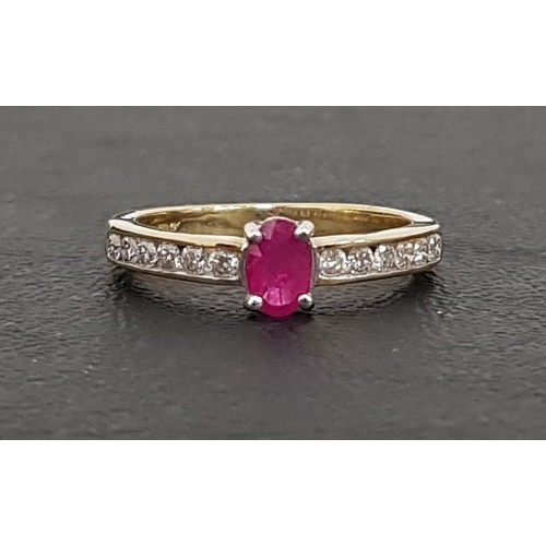 114 - RUBY AND DIAMOND RING
the central oval cut ruby approximately 0.3cts flanked by channel set diamonds... 