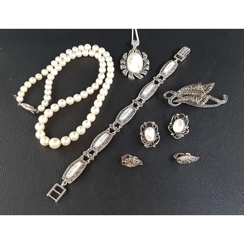 163 - SELECTION OF MOSTLY SILVER, MARCASITE AND MOTHER OF PEARL SET JEWELLERY
comprising a silver bracelet... 
