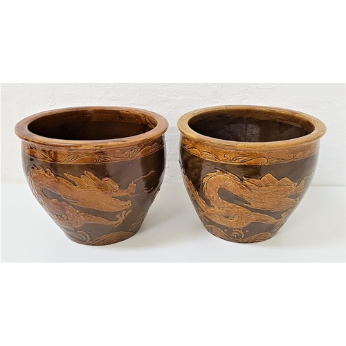 198 - PAIR OF CHINESE POTTERY JARDINERES
the brown ground decorated with dragons, 28.5cm high