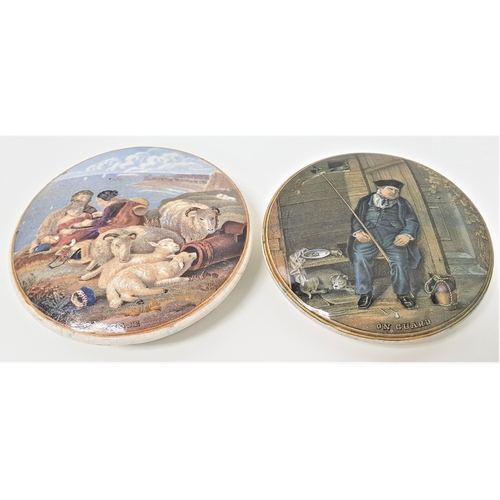 204 - TWO PRATTWARE POT LIDS
of circular form, On Guard, 10.5cm diameter and Peace, 10.7cm diameter (2)