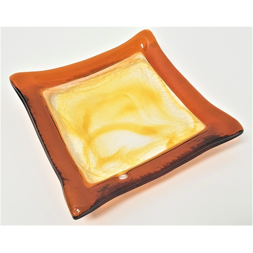 207 - MURANO LA MURRINA SQUARE DISH
with an orange border around a swirling pale yellow centre, 19cm diame... 