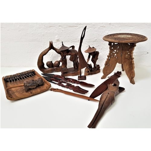 240 - SELECTION OF CARVED WOOD ITEMS
including a Zimbabwean Mbira, low stool with a folding stand, two Bal... 