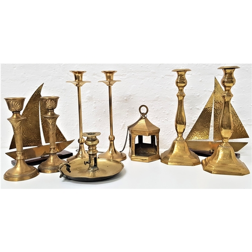 244 - MIXED LOT OF BRASSWARE
including three pairs of candlesticks, chamberstick, candle snuffer, hanging ... 