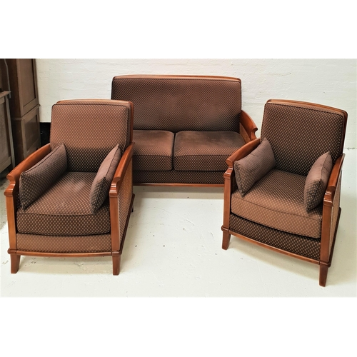 544 - OAK FRAMED BEGERE SUITE
comprising a two seat sofa, 134cm wide, and two armchairs, all with double c... 