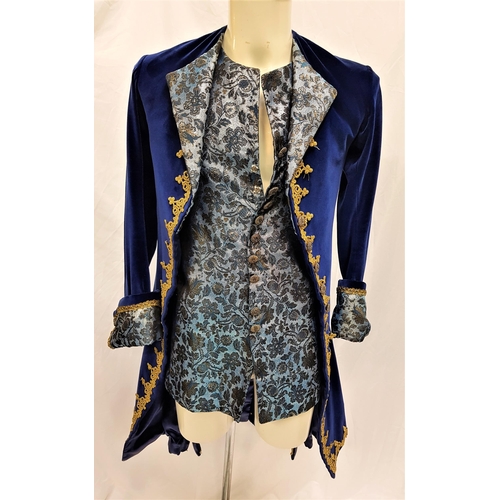 228 - SCOTTISH BALLET - BACH
the three piece navy velvet suit comprising a frock coat with gold and blue p... 