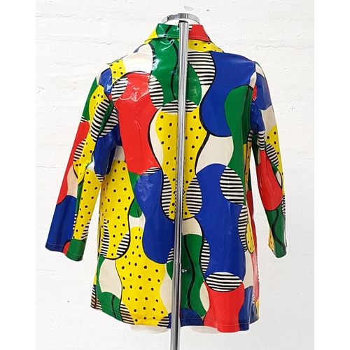 196 - 1960s BRIGHTLY COLOURED RAIN COAT
in blue, yellow, red and green irregular pattern, with two front p... 