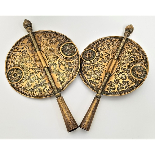 233 - PAIR OF INDO PERSIAN BRASS PROCESSIONAL ALAMS
or staff finials, of circular form with embossed decor... 