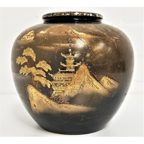 243 - JAPANESE AND MIXED METAL OVOID VASE
depicting a pagoda by a lake with a sail boat, trees and mountai... 