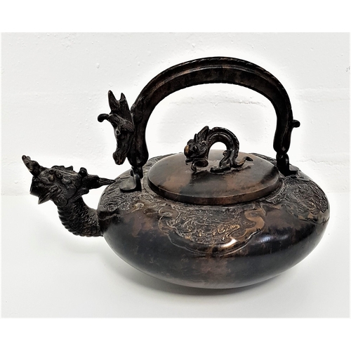 244 - CHINESE BRONZE KETTLE
of squat circular form, with a swing dragon handle, the body with a dragon spo... 