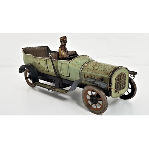 297 - EARLY 20th CENTURY BING WERKE TIN PLATE OPEN TOP CAR
in green livery with running boards and a chauf... 