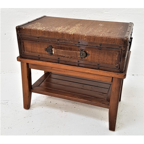 378 - UNUSUAL SIDE TABLE
formed as a rattan suitcase with side carrying handles and a pull out drawer on a... 