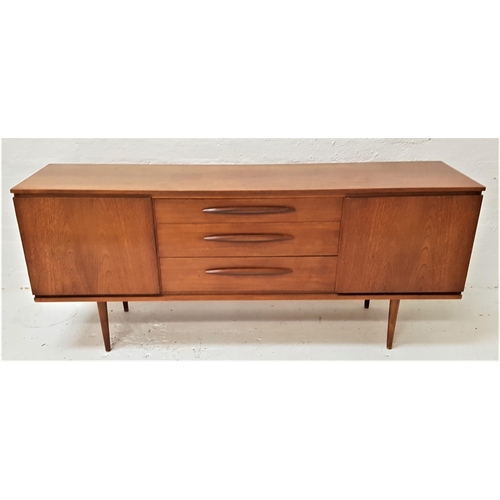 406 - RETRO TEAK SIDEBOARD
with a plain top above three central drawers with torpedo shaped handles, flank... 