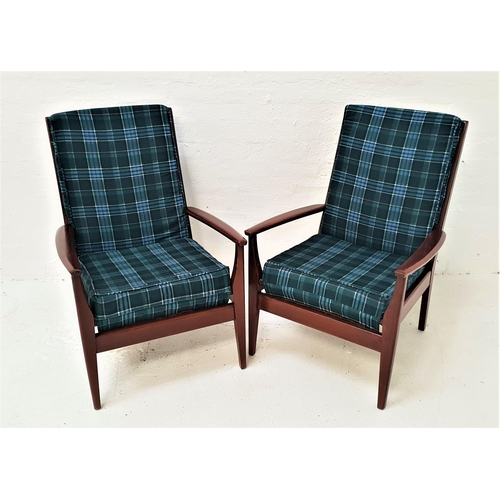 415 - PAIR OF CINTIQUE ARMCHAIRS
with plaid covered seat and back cushions, standing on shaped front suppo... 