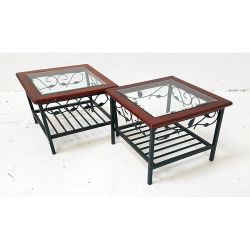 366 - PAIR OF OCCASIONAL TABLES
the square moulded tops with inset bevelled glass panels, standing on plai... 