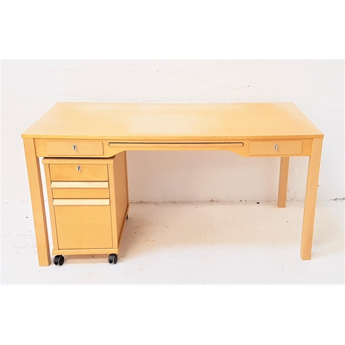 416 - BEECH DESK
with a central pull out slide flanked by a pair of drawers, standing on plain supports, 1... 