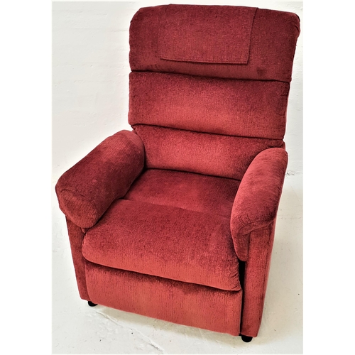 428 - ROMA ELECTRIC RISE AND RECLINE ARMCHAIR
covered in a claret coloured material, with hand unit operat... 