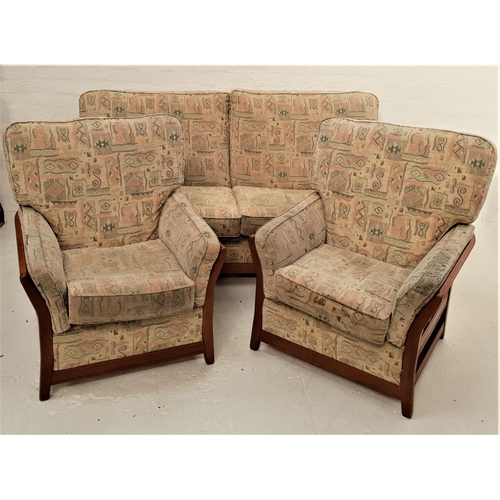 441 - STAINED OAK THREE PIECE SUITE
comprising a two seat sofa, 185cm wide, and two armchairs, all with lo... 