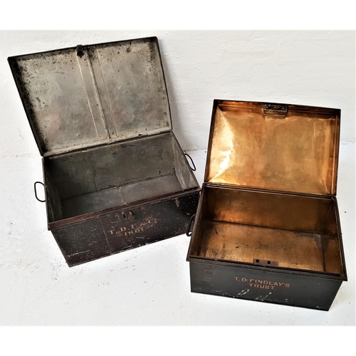 253 - TW VINTAGE SOLICITORS METAL DEED BOXES
one with a makers stamp to the lid, 'Andrew Brown Glasgow', t... 