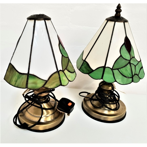 270 - PAIR OF TIFFANY STYLE TABLE LAMPS
with opaque green and off white shades, on brass basses, 35cm high