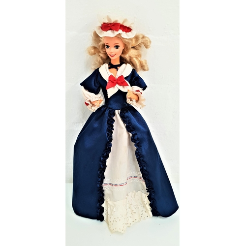 303 - MATEL COLONIAL BARBIE DOLL
wearing a navy blue colonial gown with white trim and red bows, with a ru... 