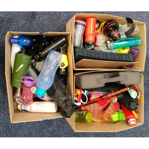 12 - THREE BOXES OF MISCELLANEOUS ITEMS
including: water bottles, luggage straps, padlocks, tripod etc (3... 
