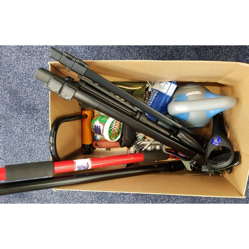 32 - ONE BOX OF MISCELLANEOUS ITEMS
including: pull up bar, exercise weights, tripod, bike lock, artist p... 