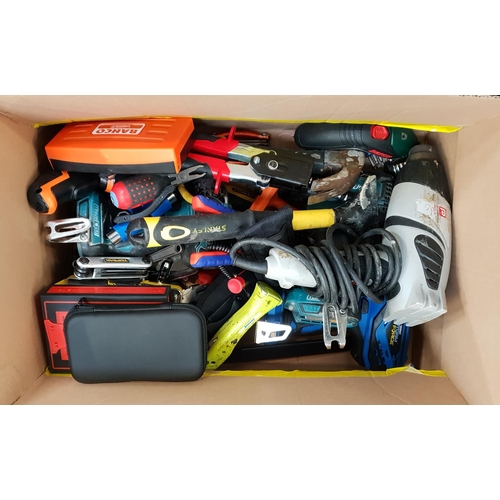 33 - ONE BOX OF TOOLS
including: three drills, paint stripper, screwdriver kits, socket set, hammers etc