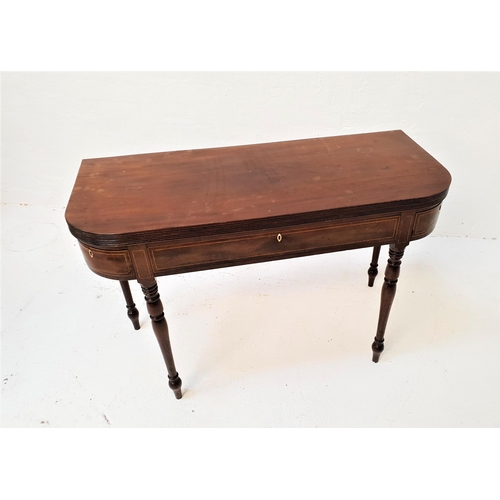 449 - MID VICTORIAN MAHOGANY OCCASIONAL TABLE
with a D shaped fold over top above a long central inlaid fr... 