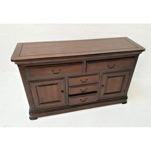 450 - STAINED TEAK SIDE CABINET
with a moulded top above two panelled frieze drawers, with three short cen... 