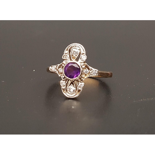 83 - ART DECO STYLE AMETHYST AND DIAMOND PLAQUE RING
the central round cut amethyst approximately 0.4cts,... 