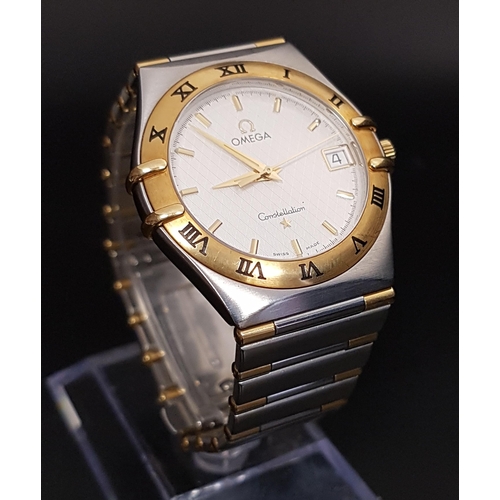 87 - GENTLEMAN'S BI-COLOUR OMEGA CONSTELLATION WRISTWATCH
the textured champagne dial with raised baton f... 