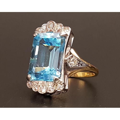 90 - IMPRESSIVE BLUE TOPAZ AND DIAMOND COCKTAIL RING
the large emerald cut blue topaz measuring approxima... 