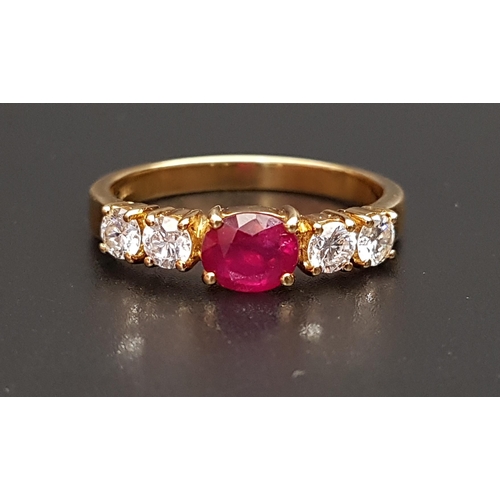 95 - RUBY AND DIAMOND FIVE STONE RING
the central oval cut treated ruby approximately 1ct flanked by two ... 