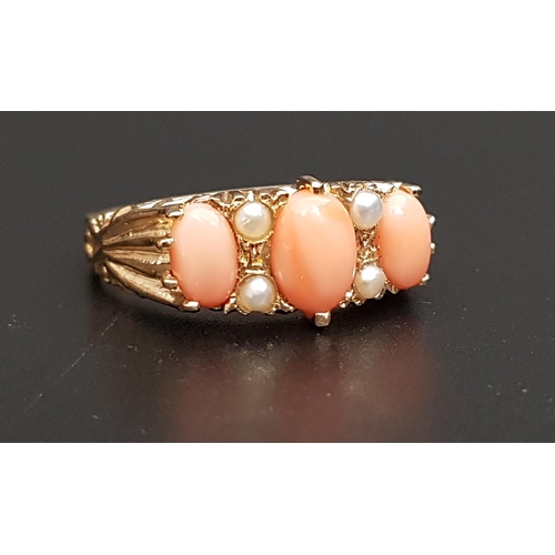 117 - GRADUATED CORAL AND PEARL RING
the three oval coral cabochons separated by seed pearls, on nine cara... 