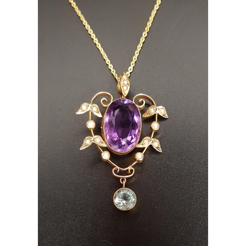 88 - EDWARDIAN AMETHYST, AQUAMARINE AND SEED PEARL HOLBEIN PENDANT
the large central amethyst measuring a... 