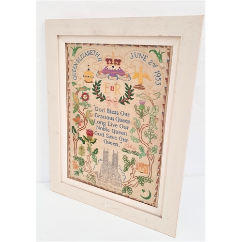 279 - 1953 SAMPLER COMMEMORATING THE CORONATION OF QUEEN ELIZABETH II
with a verse from the National Anthe... 