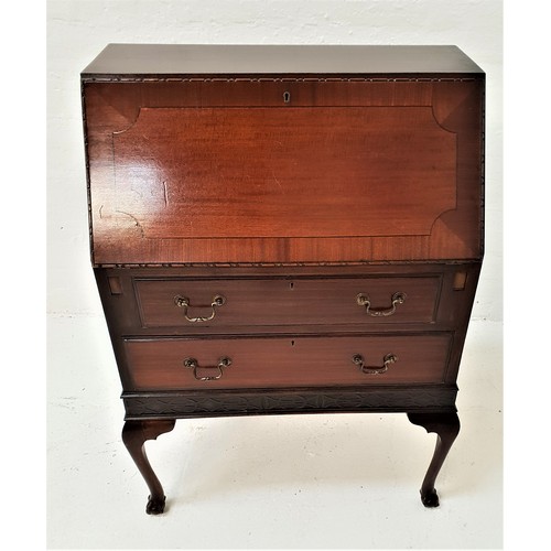 361 - MAHOGANY BUREAU
the fall flap with an inset leather and fitted interior above two long drawers, stan... 