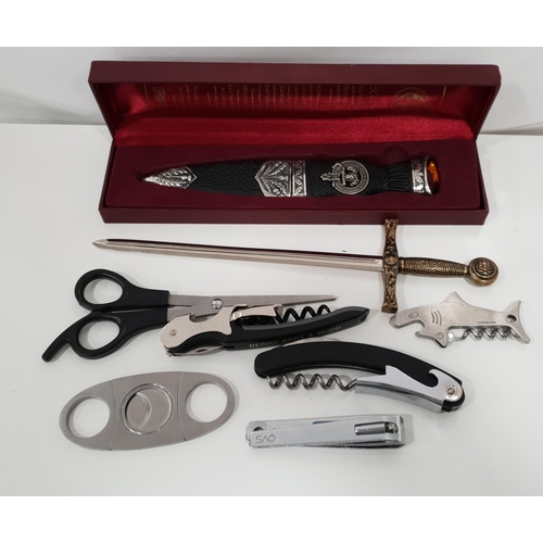 230 - SELECTION OF SCISSORS, BOTTLE OPENERS, CIGAR CUTTER AND BOXED SGIAN DUBH, ETC.
Note: you must be ove... 