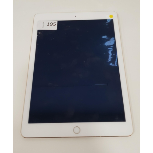 195 - APPLE IPAD AIR 2 (WIFI) - A1566
serial number: F8QVR0GL5VV, iCloud protected. Note: It is the buyer'... 