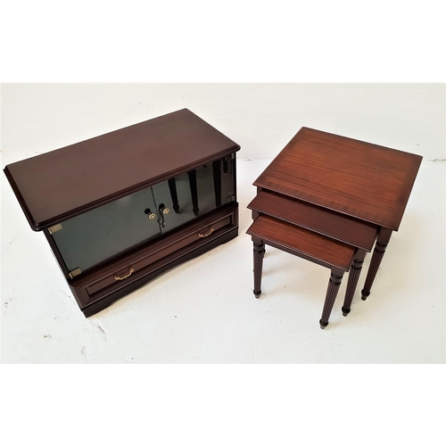 463 - MAHOGANY AND CROSSBANDED NEST OF TABLES
with square tops, standing on reeded tapering supports, 45.5... 