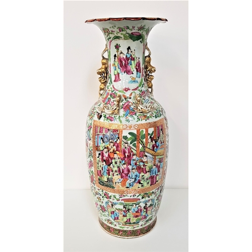 221 - 19th CENTURY CANTONESE FAMILE ROSE BALUSTER VASE
with gilt mythical beast handles and gilt dragons, ...