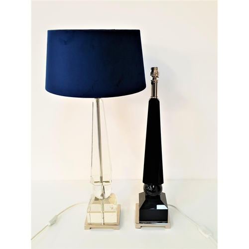 439 - MODERN GLASS OBELISK STYLE LAMP
with a Royal blue velvet shade, 75cm high, together with a similar b... 