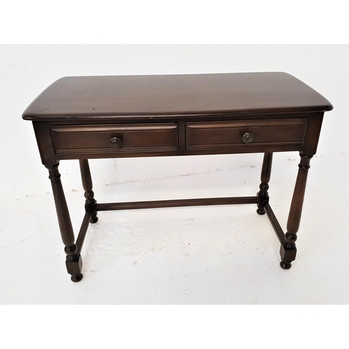 462 - ERCOL DARK OAK SIDE TABLE
with a moulded top above two frieze drawers, standing on turned supports u... 